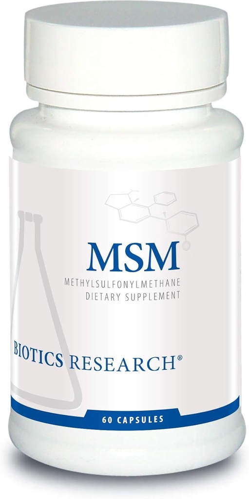 Recherche en biotique MSM Potent Sulfur Supplement, Collagène Production, Cheveux sains, Peau et ongles, Muscle et Confort articulaire. 60 gélules