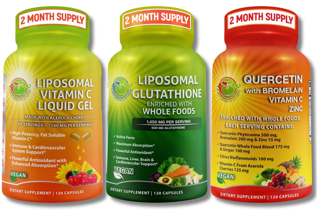 Liposomale Vitamine C 1100mg Capsules de gel liquide - Ensemble avec - Liposomale Glutathion Supplément 500mg, Master Antioxydant & Detoxifier & Quercetin avec Bromelain Vitamine C et Zinc
