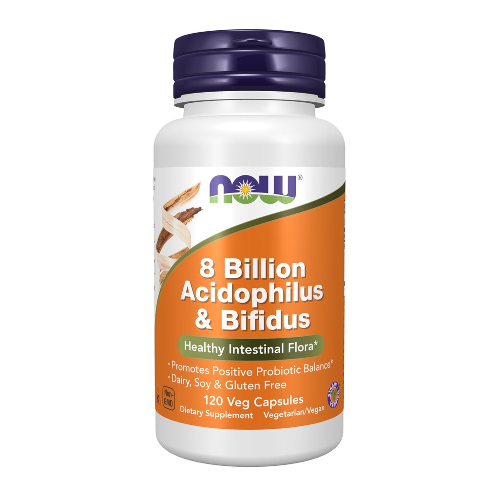 MAINTENANT Aliments suppléments, 8 milliards Acidophilus & Bifidus, Laiterie, Soy et sans gluten, souche vérifiée, 120 capsules de légumes