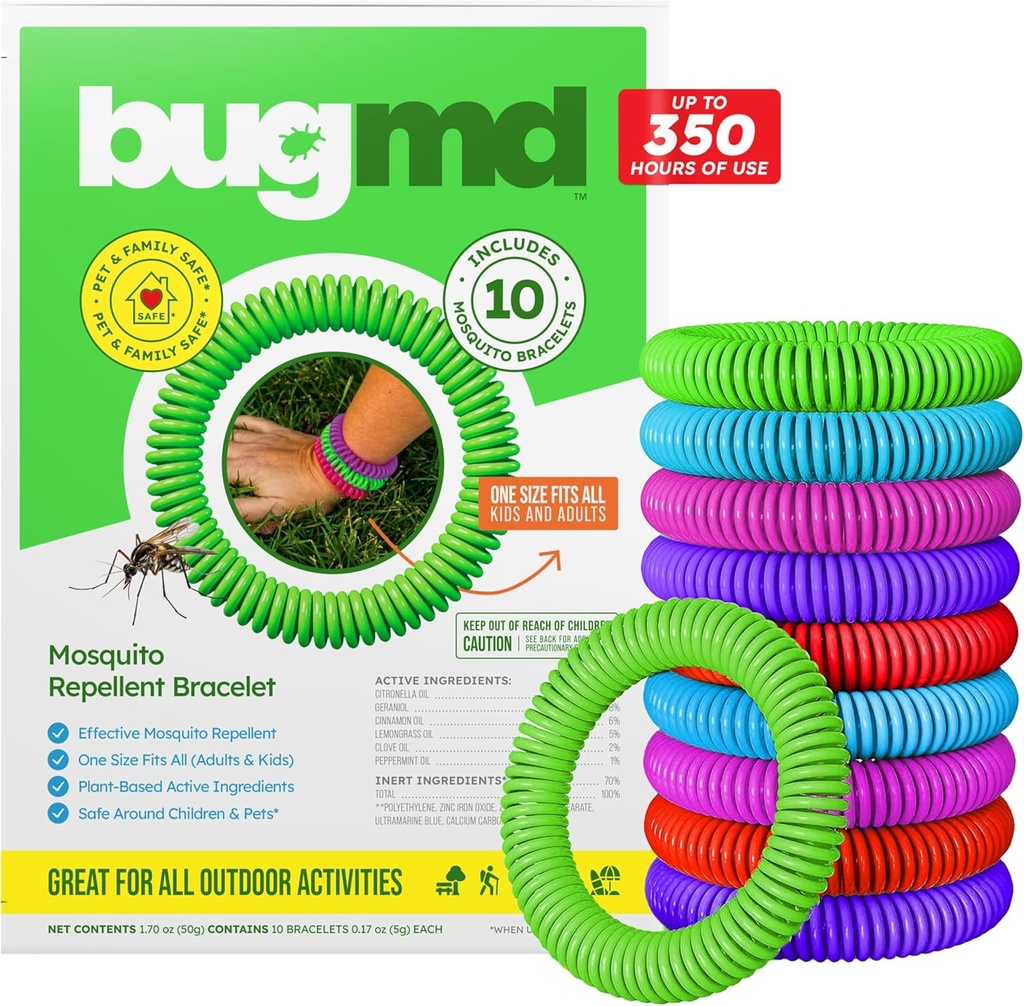 BugMD 10 Pack Bracelets Mosquito, Bandes sans DEET pour Adultes et Enfants, Bandes de Citronella naturelles et imperméables pour Camping, Randonnée, Plage, Voyage & Extérieur Essentiels