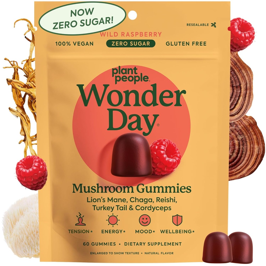 Plant People WonderDay Mushroom Gummies - Lion, Cordyceps, Chaga Mushroom Supplément pour soutenir le système immunitaire Boost Mood & Energy chez les adultes naturel, végétalien, non-OGM (60 comte)