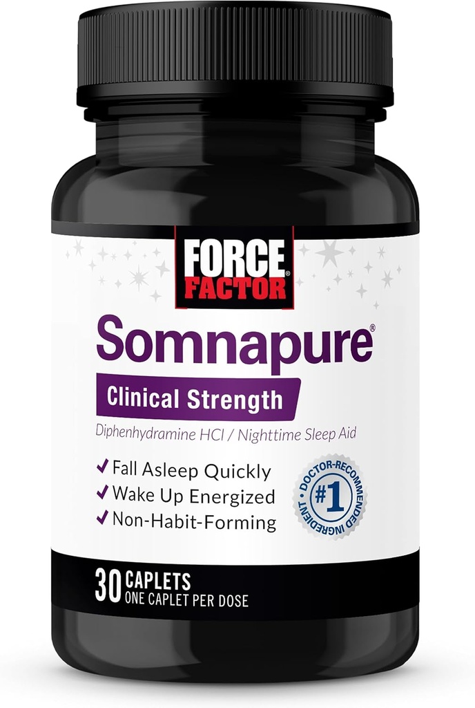 FACTEUR DE FORCE Somnapure Force clinique Aide au sommeil pour adultes, Diphenhydramine HCl, Non-Habit-Forming, Soutien au sommeil nocturne, 30 Caplets