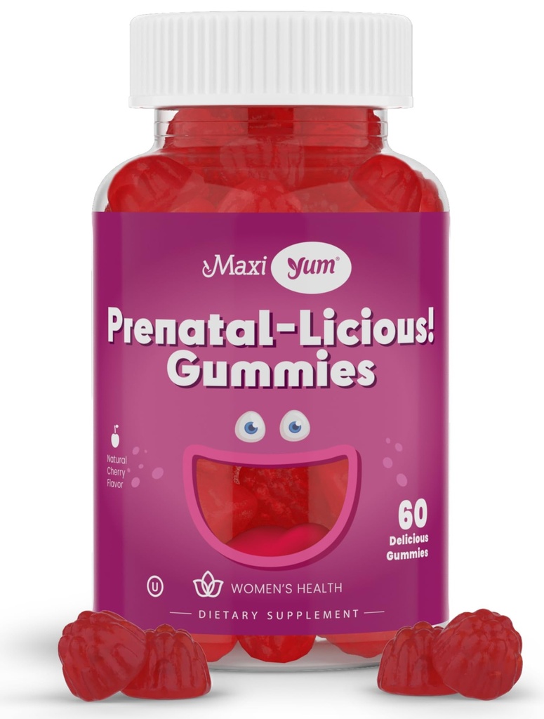 Maxi Santé Gommies prénatales organiques pour femmes - Gummy prénatal aromatisé à la cerise Kosher - Vitamines prénatales pour les femmes avec acide folique et fer pour le développement foetal, 60 Nombre