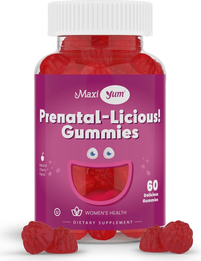 Maxi Santé Gommies prénatales organiques pour femmes - Gummy prénatal aromatisé à la cerise Kosher - Vitamines prénatales pour les femmes avec acide folique et fer pour le développement foetal, 60 Nombre