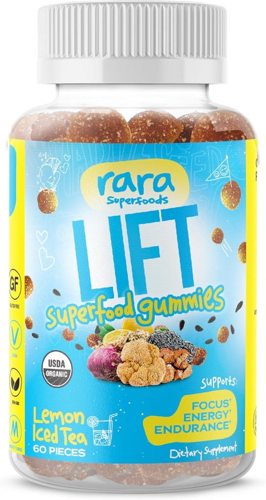 Lift Focus Gummies certifiées biologique USDA – Supplément de soutien naturel au cerveau, végétalien et sans gluten, infusé avec Yerba Mate, Lion, Wild Purple Maca & Chaga (60 Gummies, Lift)