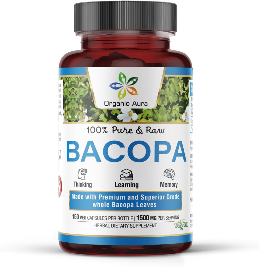 Capsules Aura BACOPA Organiques.150 Capsules HPMC Veg 1500mg par portion. Supplément à base de plantes, alerte mentale, soutient le calme, la mémoire, la cognition.
