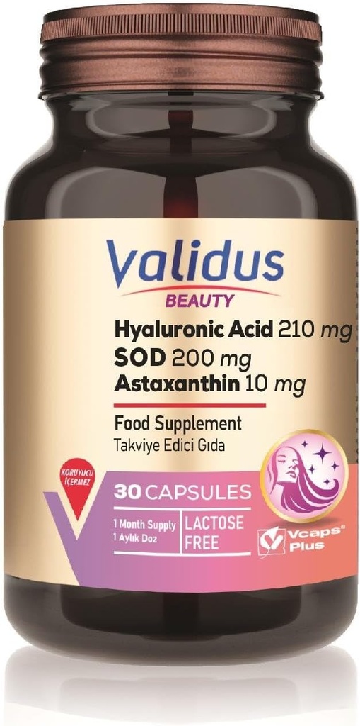 VALIDUS Acide hyaluronique 210 mg + Astaxanthine 10 mg 30 Capsules (Vcaps Plus)
