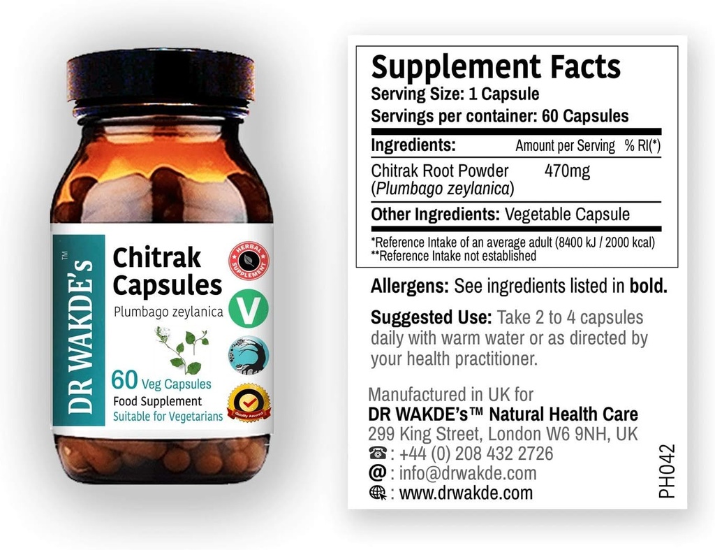 Capsules de chitrak de DR WAKDE (Plumbago zeylanica, 60 capsules de légumes, supplément à base de plantes, plante ayurvédique, tout naturel, végétalien)