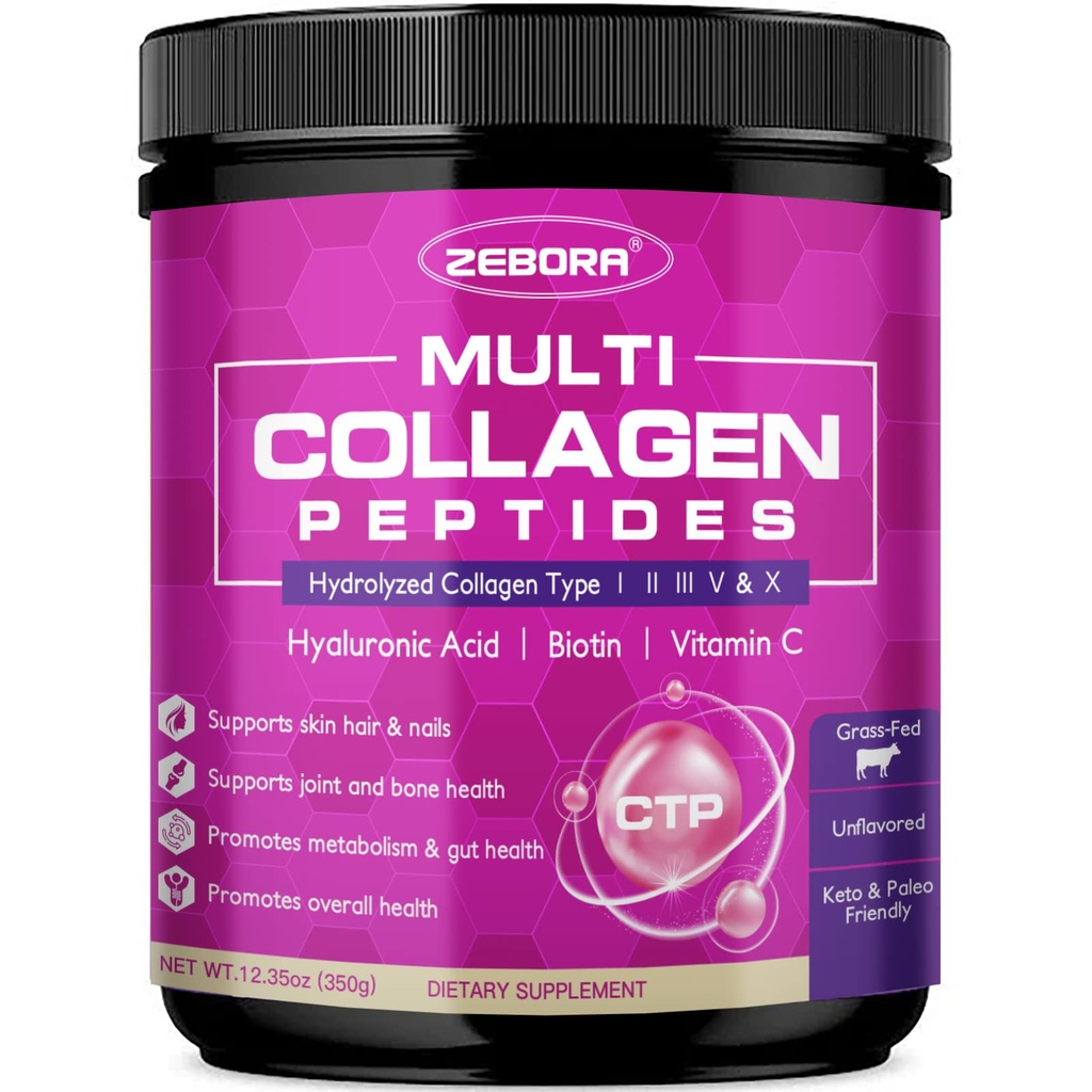 ZEBORA Poudre de Peptides Multi Collagène - Collagène Hydrolysé Type I II III V X avec Acide Hyaluronique, Biotine, Vitamine C - Soutien des articulations de ongles de cheveux de peau, Non-OGM, Non aromatisé, Keto Friendly