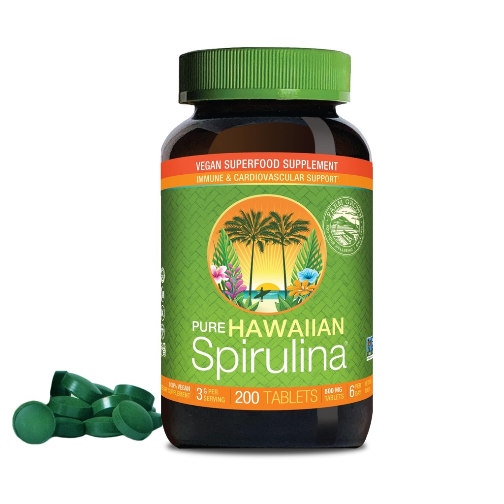 Nutrex Hawaii, Pure Hawaïan Spiruline 500 mg, végétalien, soutient le système immunitaire, le cœur, les cellules et l'énergie, 200 comprimés