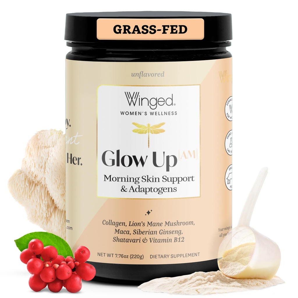 Winged Wellness Glow Up AM, Collagen Powder for Women - Supplément beauté matinale pour la peau glamour avec des peptides de collagène hydrolysés alimentés à l'herbe, la Mane du Lion et la racine de Maca - 21 portions, non aromatisées