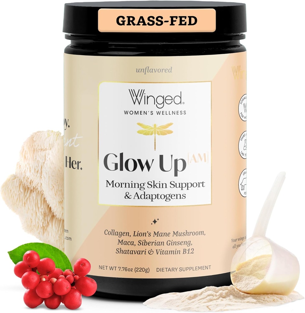 Winged Wellness Glow Up AM, Collagen Powder for Women - Supplément beauté matinale pour la peau glamour avec des peptides de collagène hydrolysés alimentés à l'herbe, la Mane du Lion et la racine de Maca - 21 portions, non aromatisées