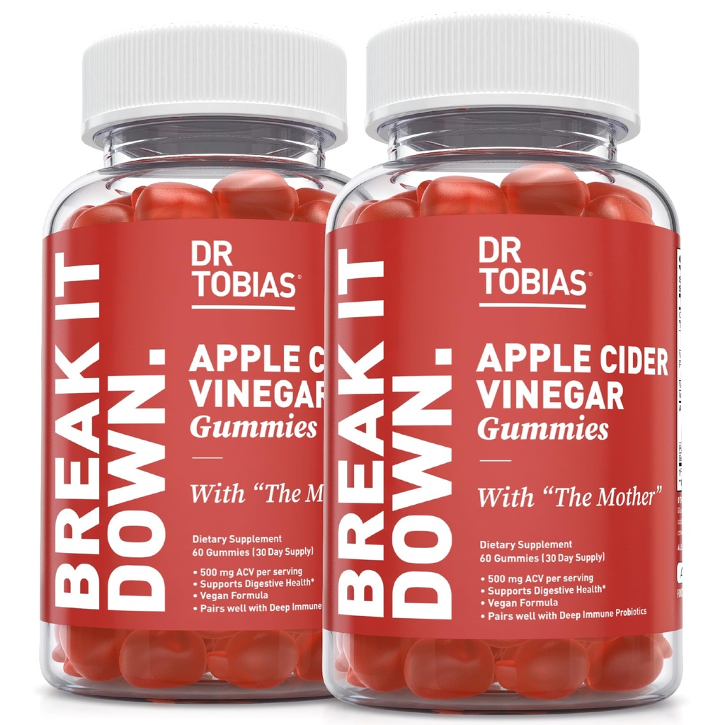 Dr Tobias Cider Vinegar Gommies avec la mère, 500mg de vinaigre de cidre de pomme par portion, plus Folate, B6, B12 et Iodine, soutient la santé digestive, Gut Cleanse & Detox, Vegan, 120 Gommies