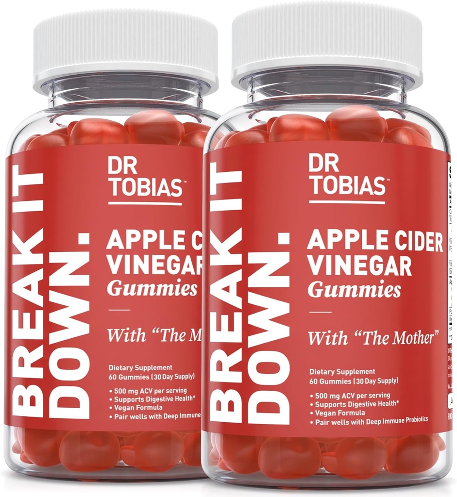 Dr. Tobias Apple Cider Vinegar Gummies with The Mother, 500mg ACV per Serving, Plus Folate, B6, B12 & Iodine, Supports Digestive Health, Gut Cleanse & Detox, Vegan, 120 Gummies