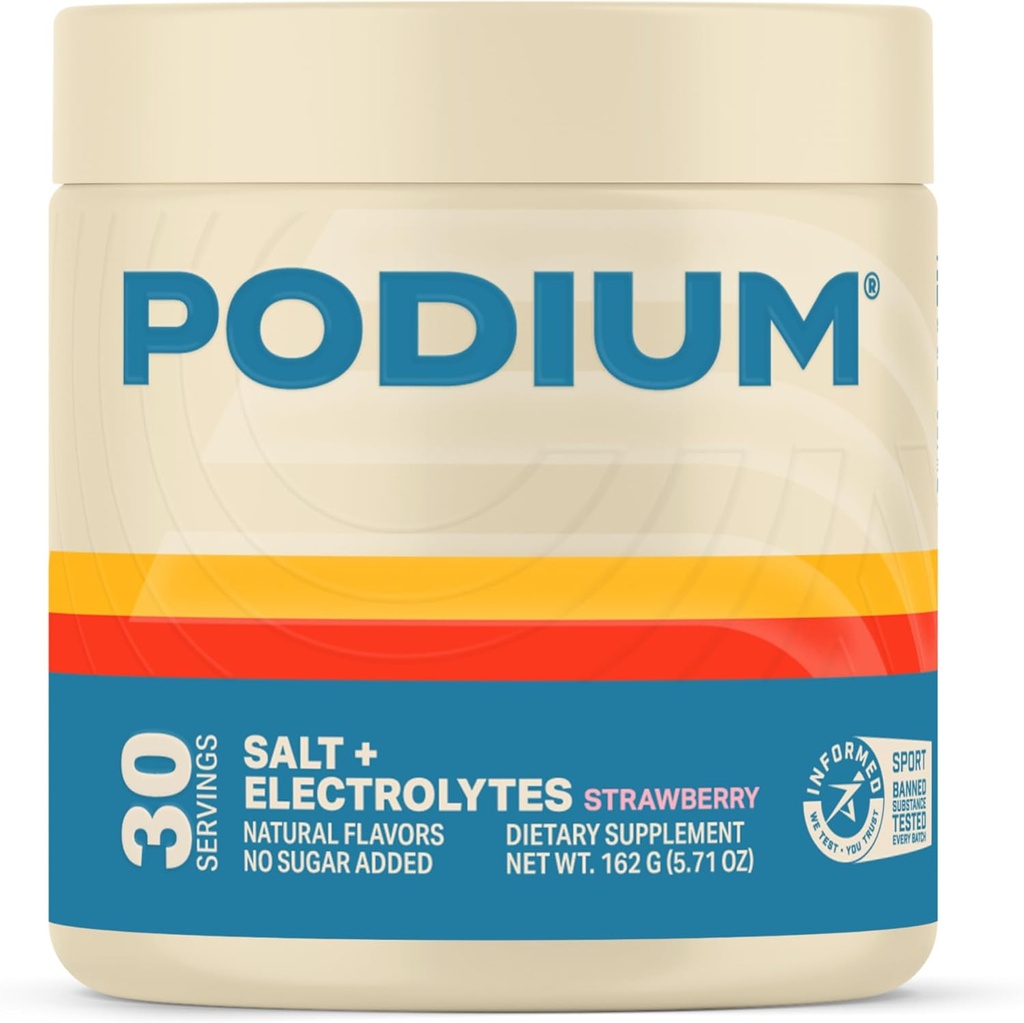 Podium Nutrition Formation Sel + électrolytes Poudre, fraise, post entraînement Hydratation et soutien de récupération musculaire, boisson électrolytique, magnésium, potassium, sel de calcium et de sodium, 30 portions