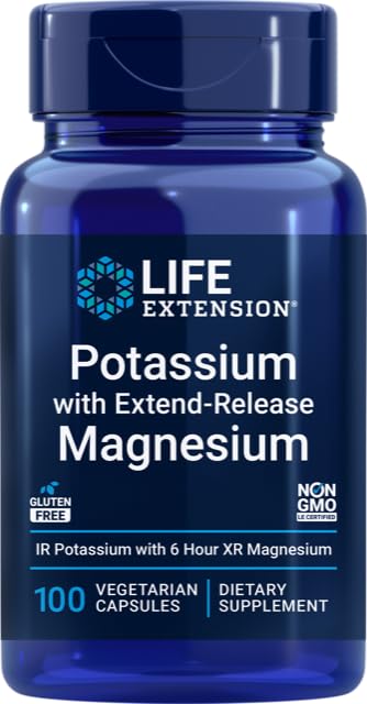 Prolongation de vie 99mg Potassium avec Extend-Release Magnésium 250mg, 100 capsules de légumes - Sans gluten – Non-OGM – Supplément végétarien pour les hommes et les femmes - Formule minérale à double action