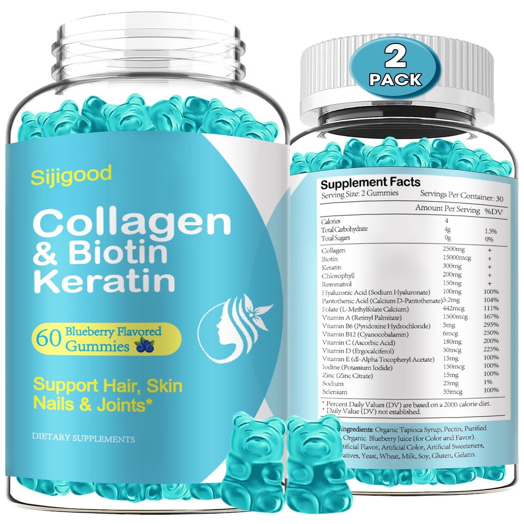 Gommies de biotine avec collagène, kératine, acide hyaluronique, vitamine pour la peau, croissance des cheveux, ongles, femmes Hommes Adultes Enfants - Blueberry Aromatisés, 120 Gommies