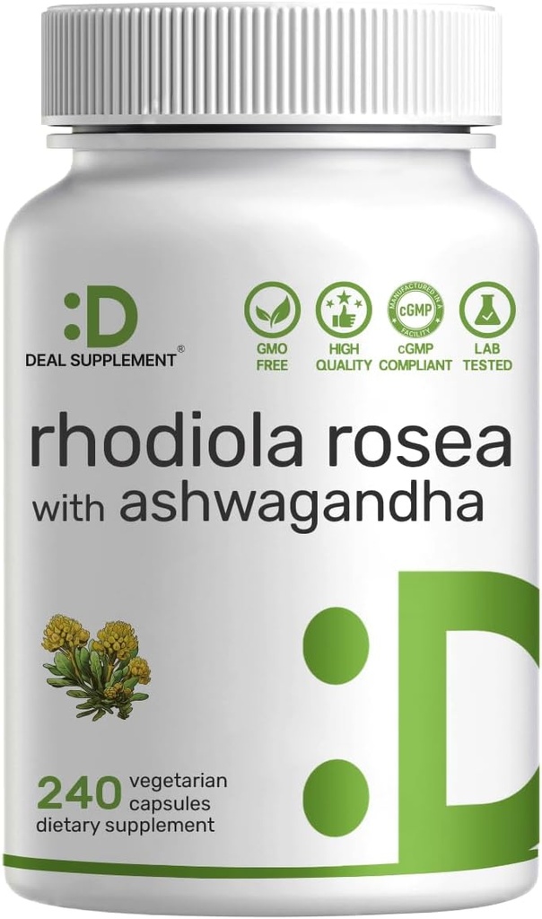 SUPPLÉMENT DE DÉAL Rhodiola Rosea avec Ashwagandha, 240 Capsules de Veggie – Max Strength 10:1 Extrait de racine – Suppléments adaptogènes pour la relaxation, l'énergie et la santé du cerveau* – Non-OGM