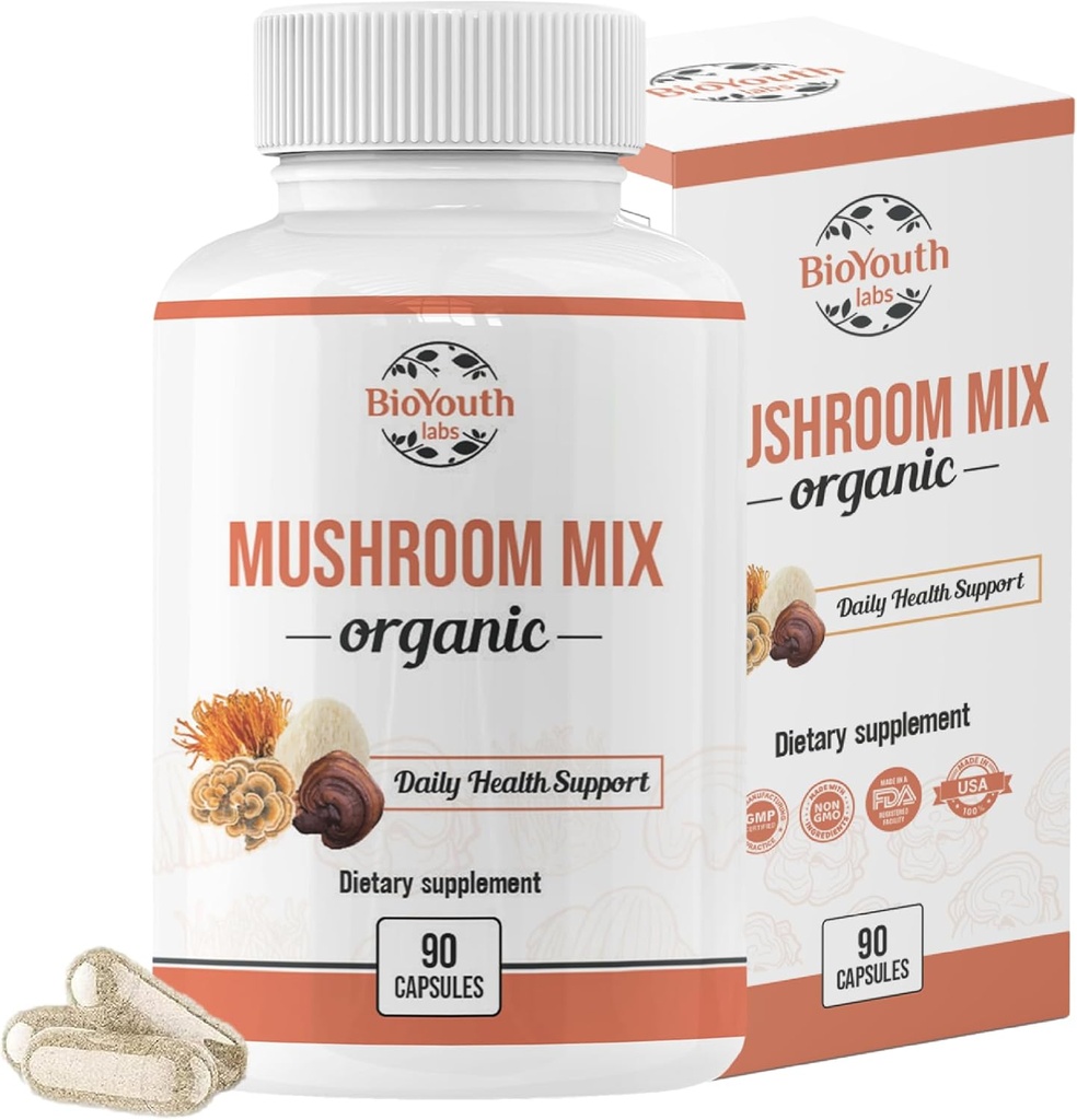 Capsules de champignons mixtes bio Supplément naturel , Cordyceps Sinensis, Reishi, Lion's Mane, Turquie Tail , Immune Support, Vitalité Boost, Non-OGM & Allergène-Free , 90 Capsules