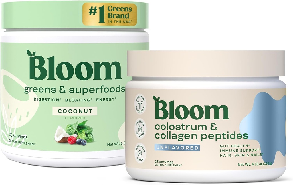 Bloom Nutrition Superfood Greens Poudre, enzymes digestives avec probiotiques et prébiotiques, Gut Health, Bloating Relief, noix de coco + Poudre de colostrum de la viande bovine