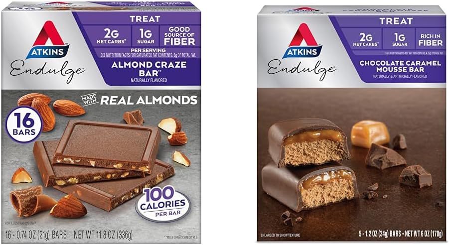 Atkins Endulge Almond Craze Bar 16 Compte et chocolat Caramel Mousse Bar 5 Compte, Keto Friendly, Faible sucre