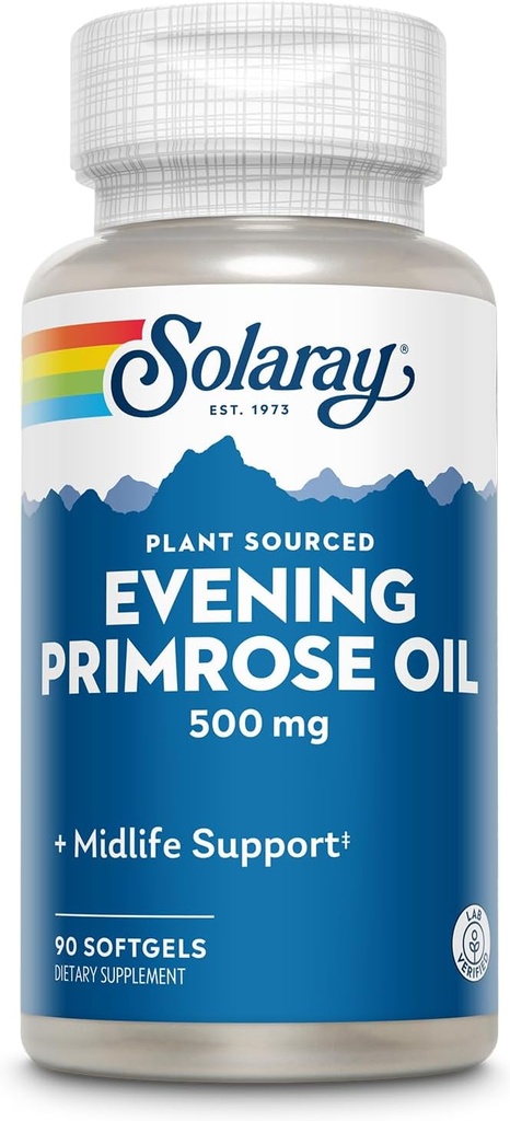 SOLARAY Huile de Primrose à haute puissance 500mg - Soutien à mi-vie - Source de l'acide linolénique Gamma et de l'acide linoléique - Pas de solvants, pressés à froid - 90 portions, 90 softgels