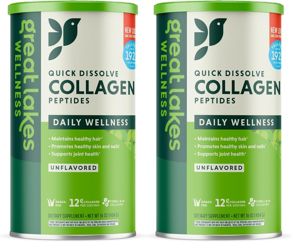 Grands Lacs Bien-être Collagène Peptides Poudre pour la peau, les cheveux, les ongles, les articulations et la digestion - Non aromatisé - Dissoudre rapidement Hydrolysé, non-OGM, Keto, Kosher - 16 oz - 2 Pack - Emballage May Vary