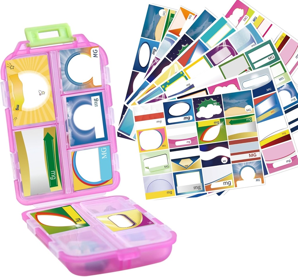 Organisateur de pilules de voyage 1Pack - 10 compartiments Cas de pilule, boîte à pilules compacte et portable, parfait pour le stockage sur le trajet, porte-pilule pour la Purse (Pink with 156 Stickers)