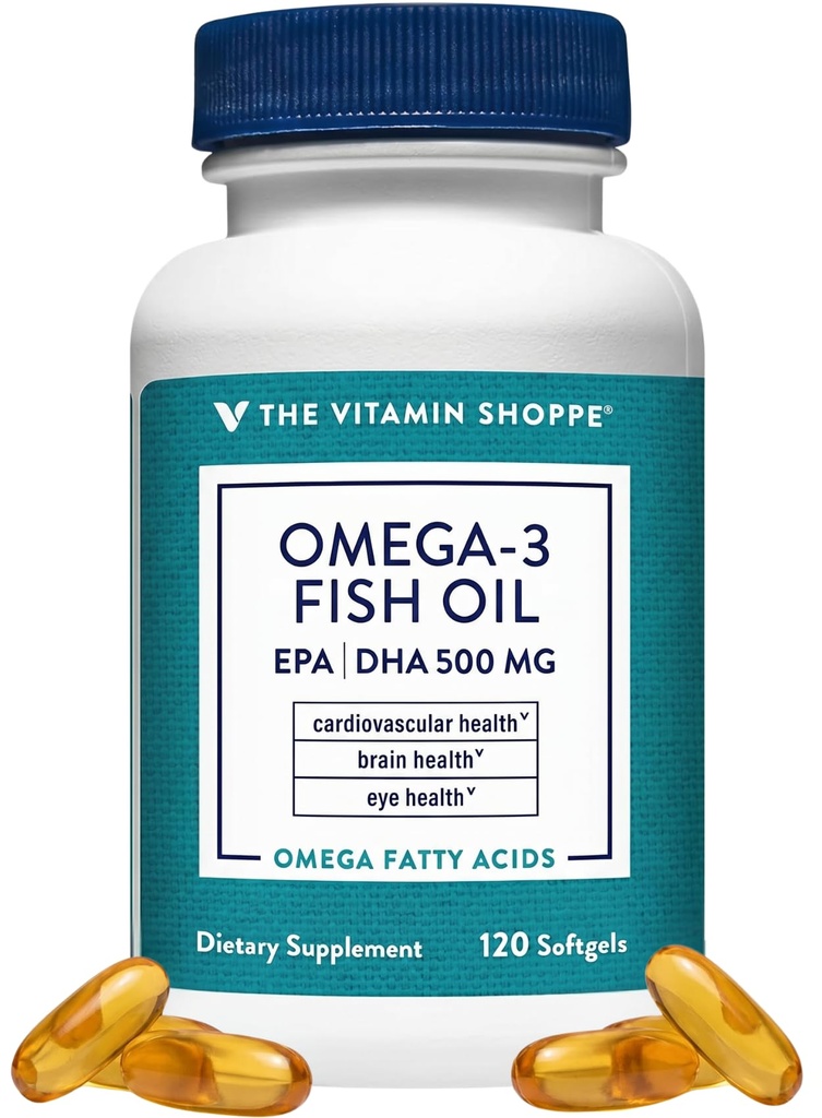 The Vitamine Shoppe Omega 3 Huile de poisson 1000mg, EPA 300mg & DHA 200mg, Pureté assurée, Distillée moléculairement pour soutenir la santé cardiovasculaire, articulaire et cérébrale (120 Softgels)