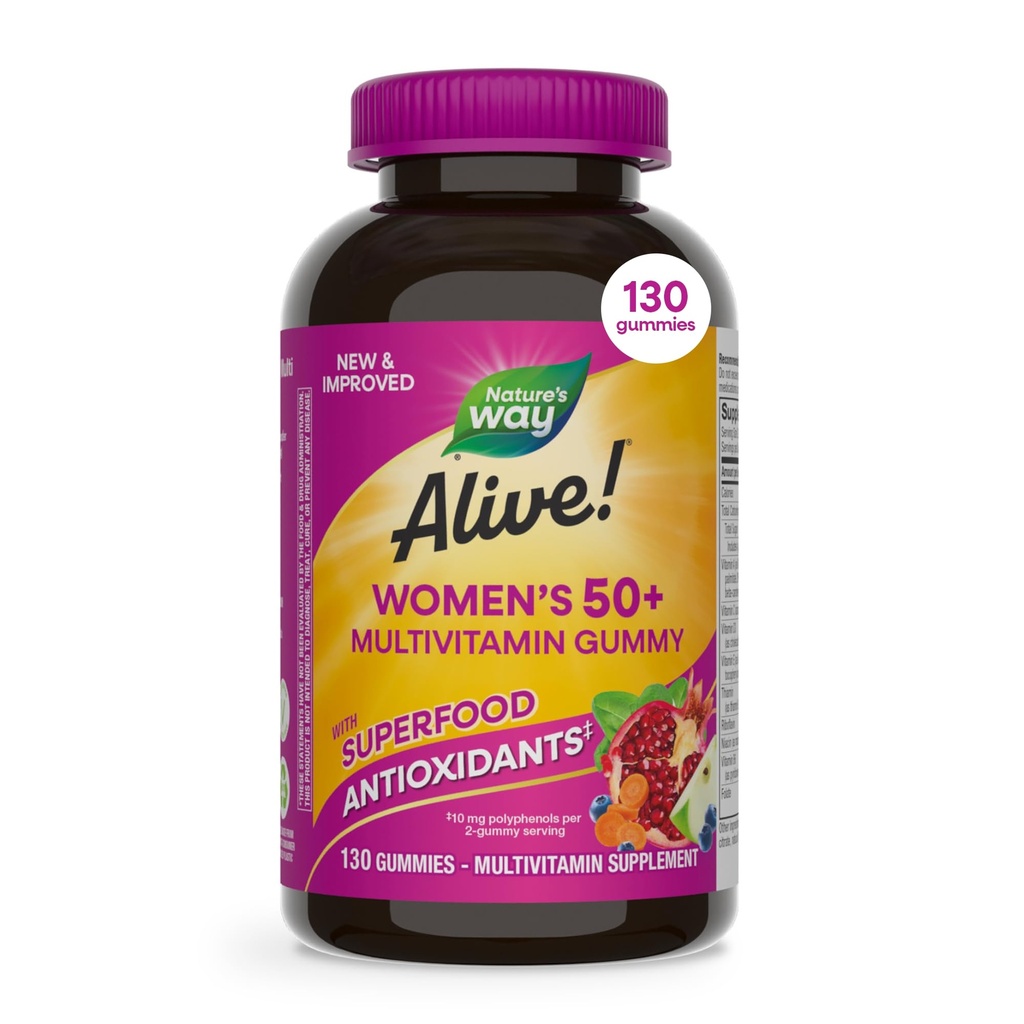 La nature est vivante ! Multivitamines gommy quotidiennes 50+ pour les femmes, suppléments pour les femmes, soutient le cœur en santé, le cerveau et les os,* Vitamines-B, aromatisées de baies mixtes, 130 Gummies (paquetage mai Vary)