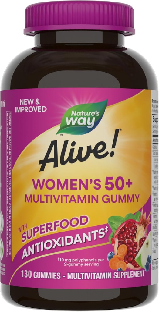 La nature est vivante ! Multivitamines gommy quotidiennes 50+ pour les femmes, suppléments pour les femmes, soutient le cœur en santé, le cerveau et les os,* Vitamines-B, aromatisées de baies mixtes, 130 Gummies (paquetage mai Vary)
