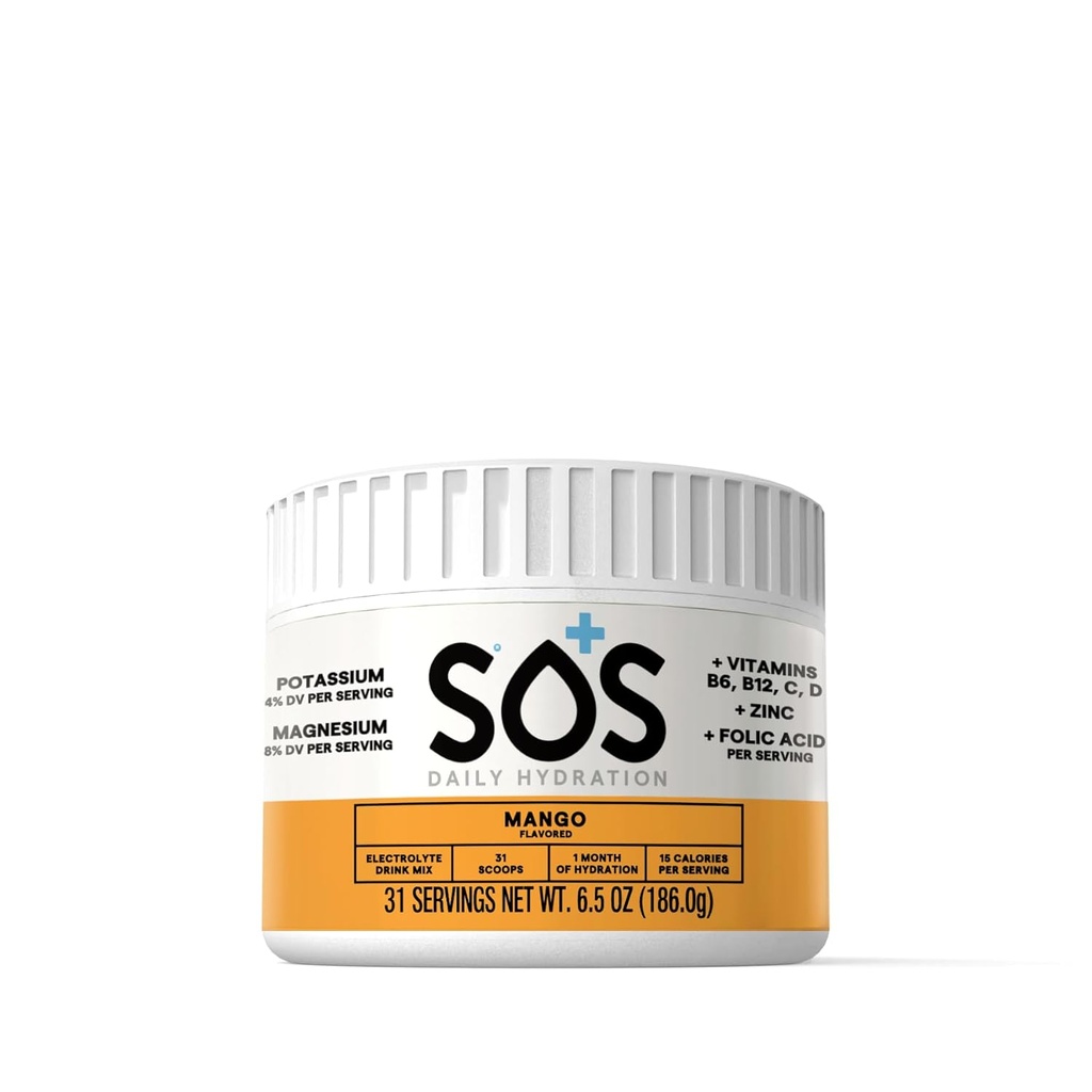 SOS Hydratation Mélange de boissons électrolytes (31 portions) – Sucre faible, 15 calories, Kéto-friendly et réhydratation rapide (31 portions, mangue)