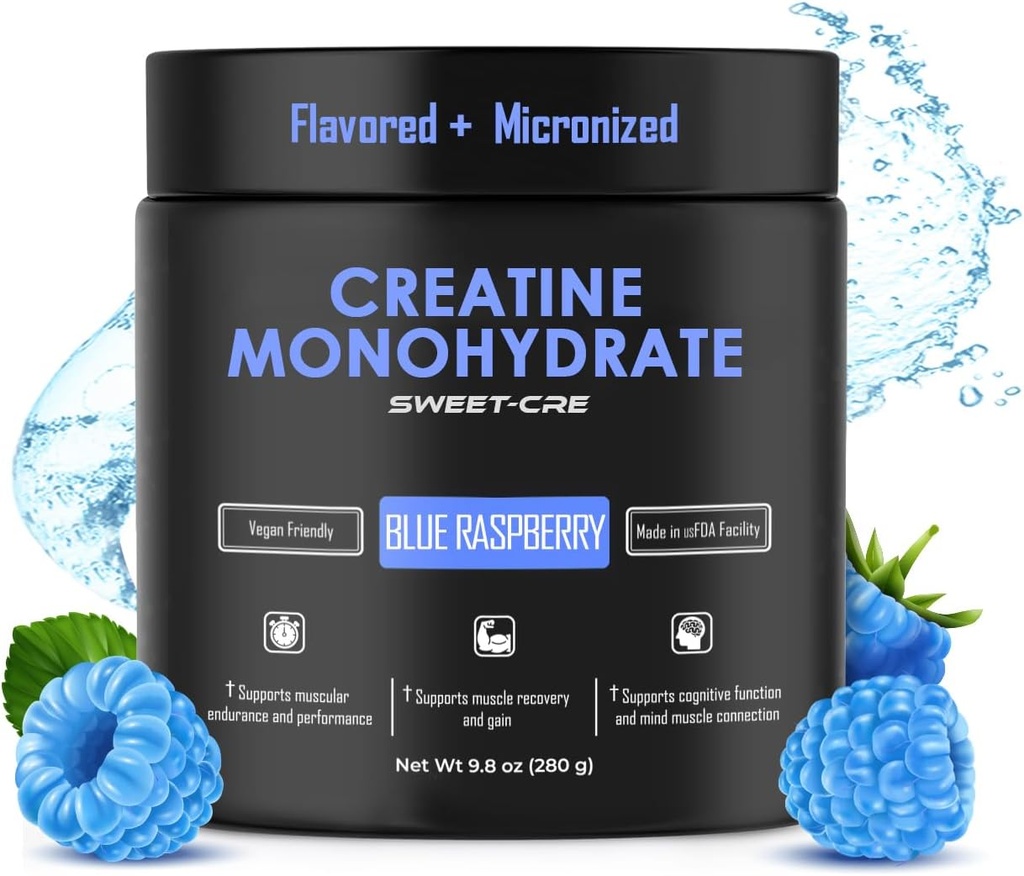 Creatine monohydratée – 5g Creatine monohydratée en poudre – Créatine avancée pour les femmes et les hommes – Suppléments en vrac Creatine – Saveur de punch aux fruits délicieux – 10 oz (40 portions, framboise bleue)