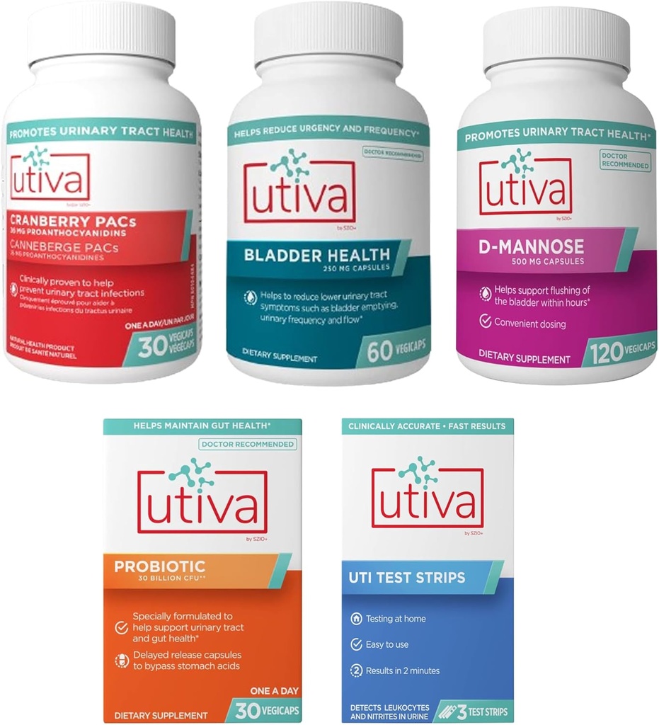 15 % Lot Utiva Cranberry PACs 30 Capsules de Vegi + Utiva Bladder Health 60 Capsules + Utiva D-Mannose 500mg 120 Capsules + Utiva Probiotique 30 Capsules de Vegi à libération différée + Utiva UTI Bandes d'essai
