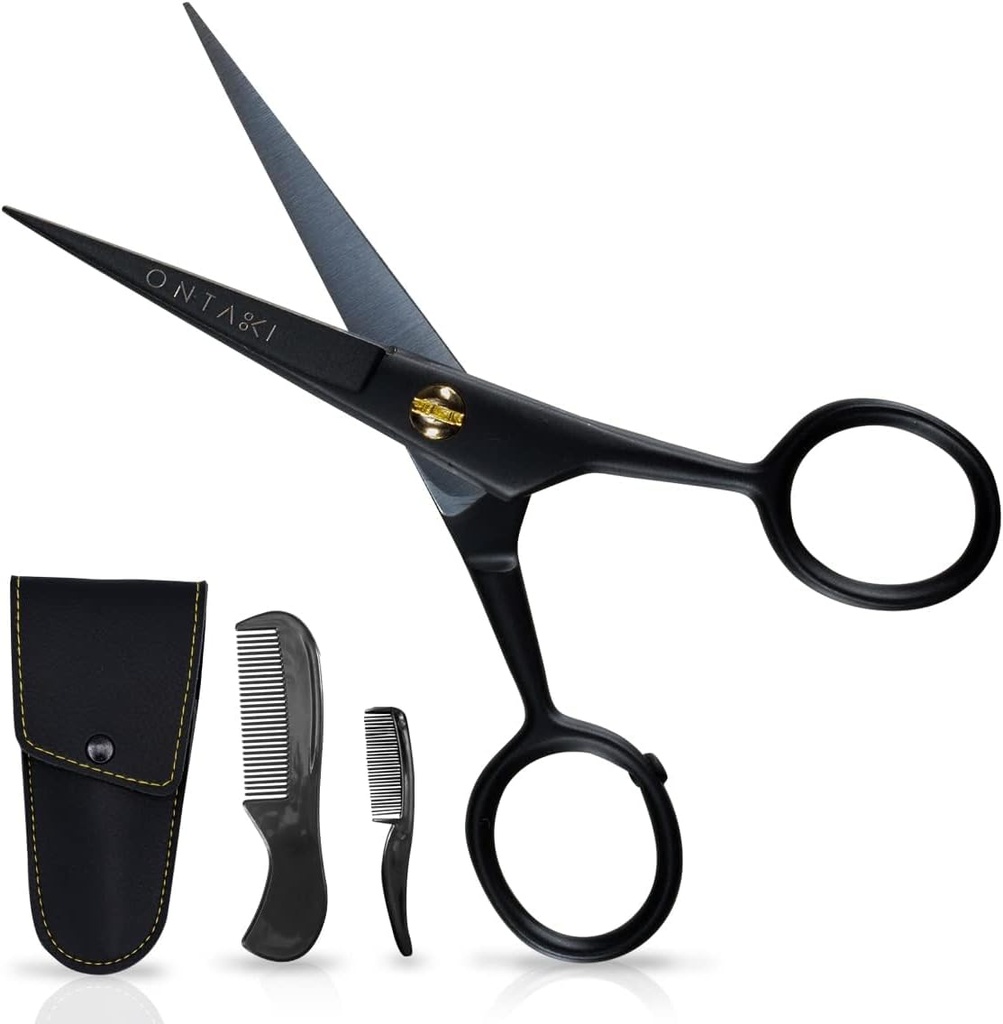 Ciseaux de moustache d'Ontaki pour homme - 5 pouces, noir - Bevelier en acier à haute teneur en carbone allemand pour la précision - Ciseaux à bout de barbe - Comprend le kit de toilettage avec la moustache et les peignes à barbe et la poche porteuse