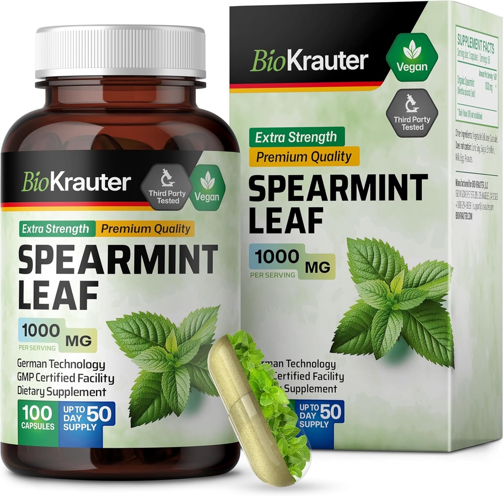 BIO KRAUTER Capsules Spearmint 1000 mg - 100 Compte - Supplément Vegan Spearmint pour le soutien digestif et respiratoire - Mentha Spicata - No Fillers