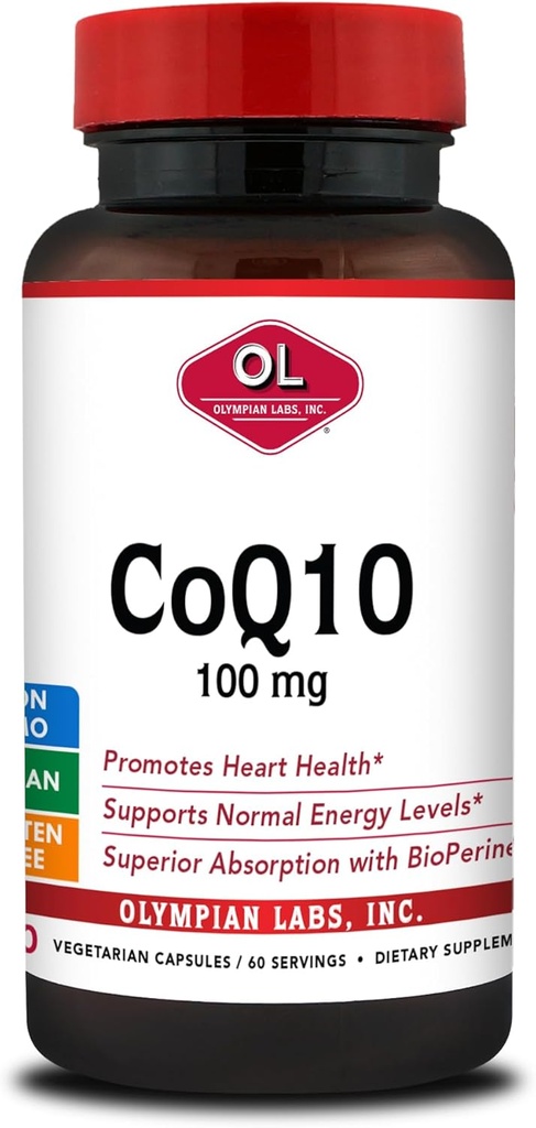 Olympian Labs CoQ10 100mg Formulé avec Bioperine pour une plus grande absorption, Soutenir la santé cardiaque 60 Capsules