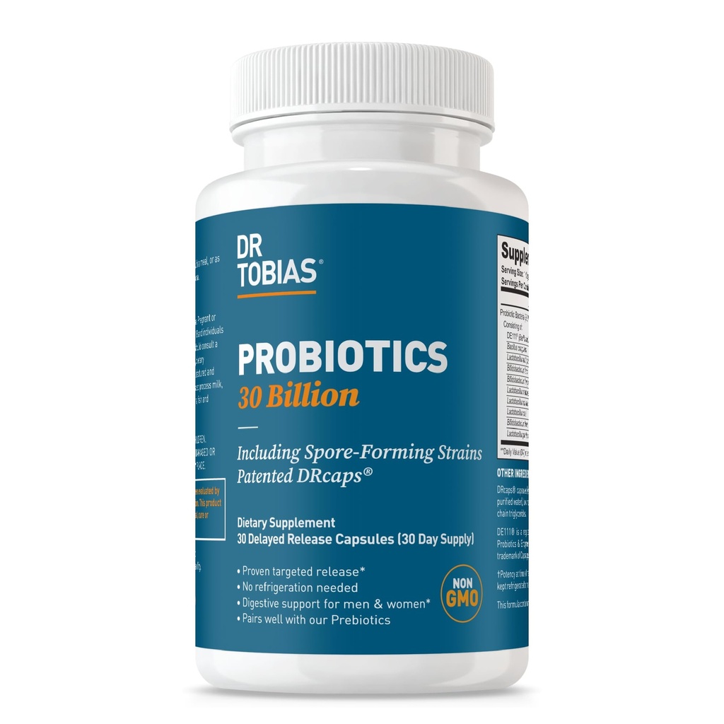 Dr Tobias Probiotics 30 milliards, 10 souches, 30 milliards de CFU, probiotiques ciblés pour les femmes et les hommes, soutient la santé digestive, plateau-stable, non-OGM, 30 capsules, 30 portions