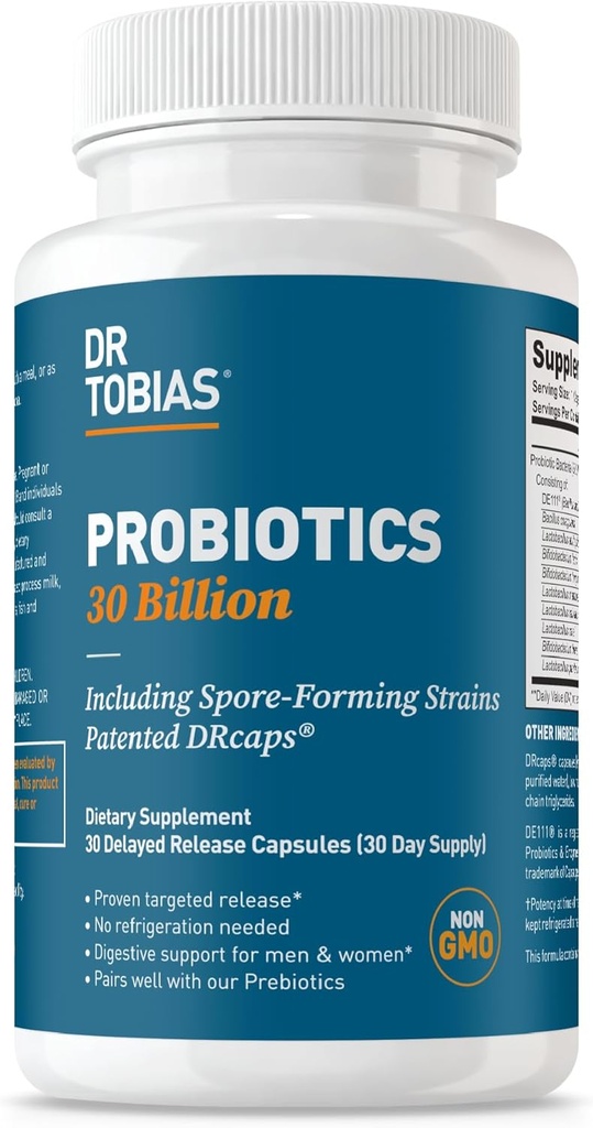 Dr Tobias Probiotics 30 milliards, 10 souches, 30 milliards de CFU, probiotiques ciblés pour les femmes et les hommes, soutient la santé digestive, plateau-stable, non-OGM, 30 capsules, 30 portions