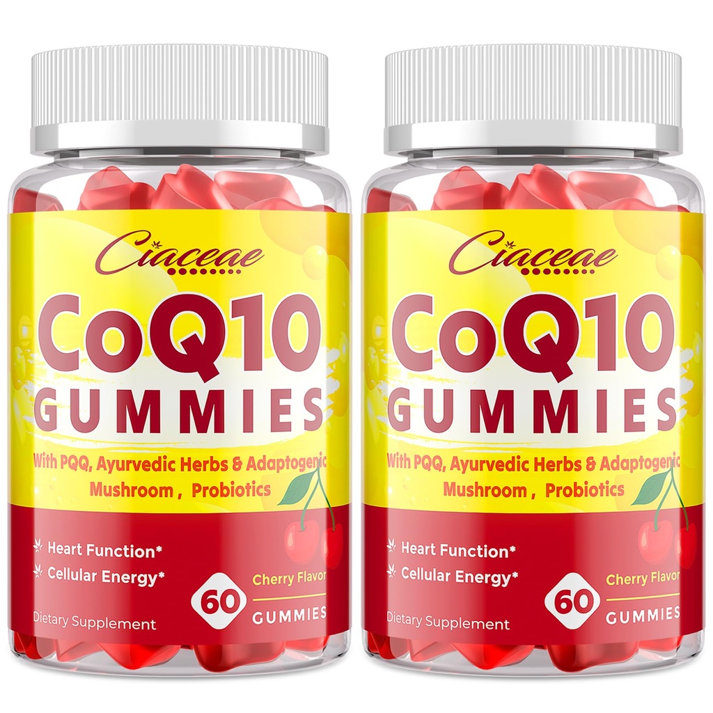 CoQ10 Gummies avec PQQ - 400 MG Coenzyme Q10 haute puissance, amélioré avec des herbes ayurvédiques, mélange de champignons adaptogènes et probiotiques pour le coeur, le cerveau, l'énergie, l'immunité, cerise Flavor, 120 Gummies végétaliens