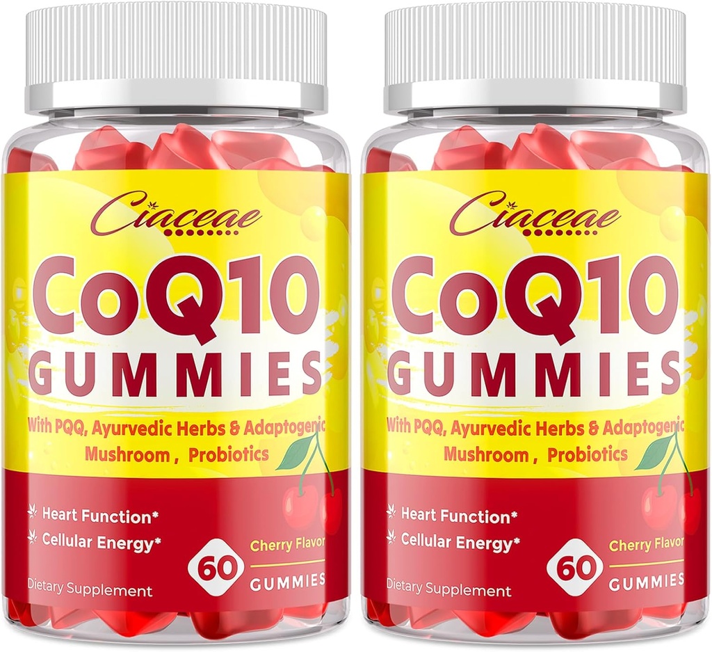 CoQ10 Gummies avec PQQ - 400 MG Coenzyme Q10 haute puissance, amélioré avec des herbes ayurvédiques, mélange de champignons adaptogènes et probiotiques pour le coeur, le cerveau, l'énergie, l'immunité, cerise Flavor, 120 Gummies végétaliens