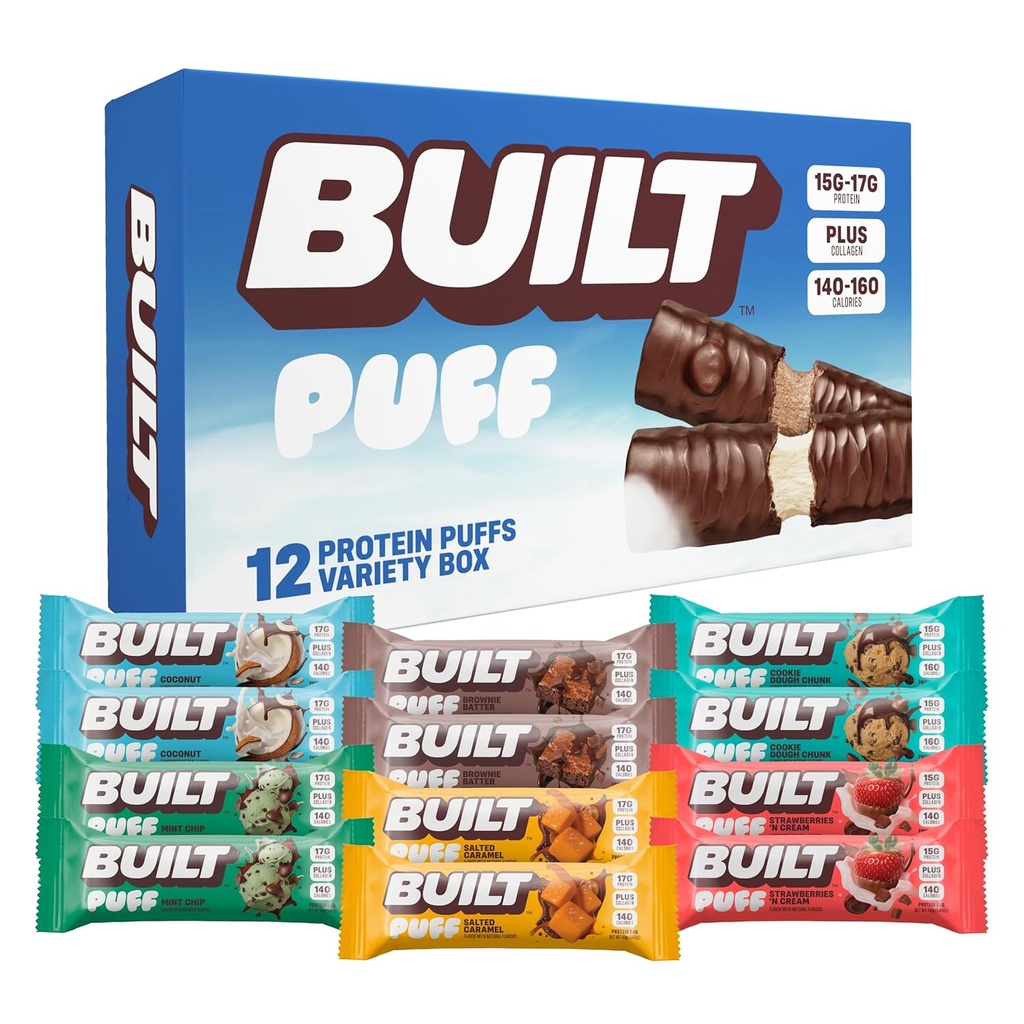 Bar construit, barres protéinées de puff, pack de variétés, collagène, collations sur la route, barre de petit déjeuner, échantillonneur mixte, 12 pack