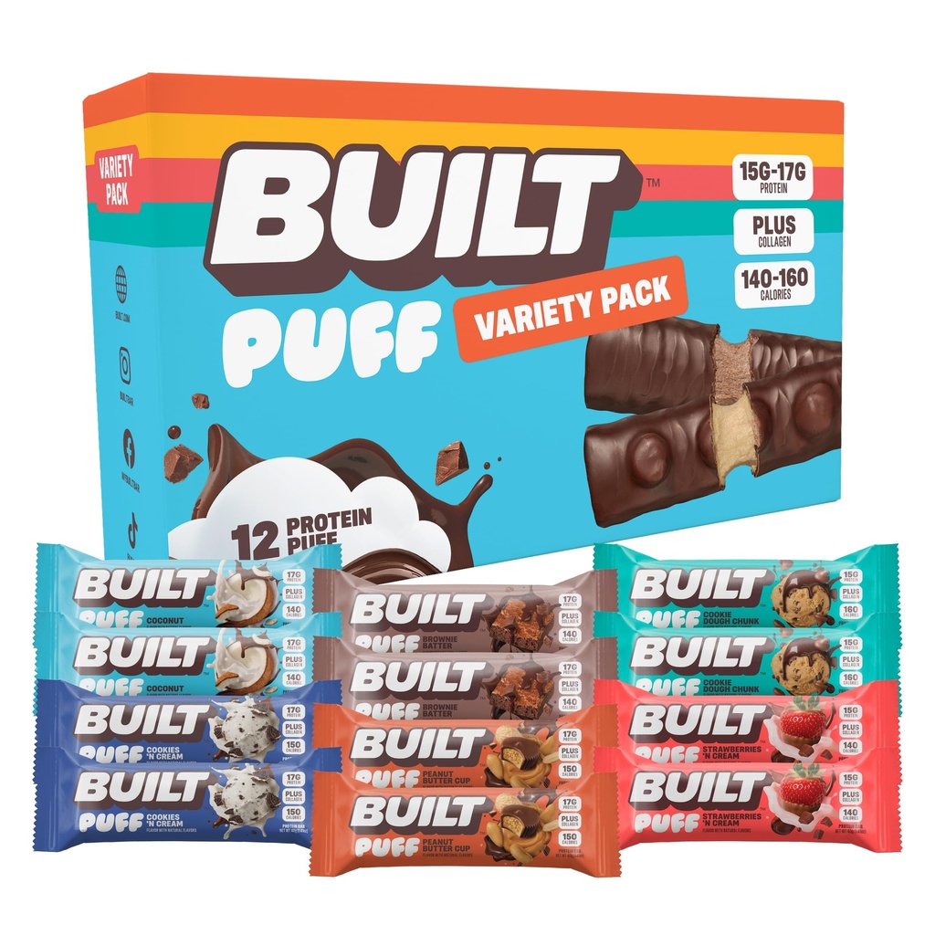 Bar construit, barres protéinées de puff, pack de variétés, collagène, collations sur la route, barre de petit déjeuner, échantillonneur mixte, 12 pack