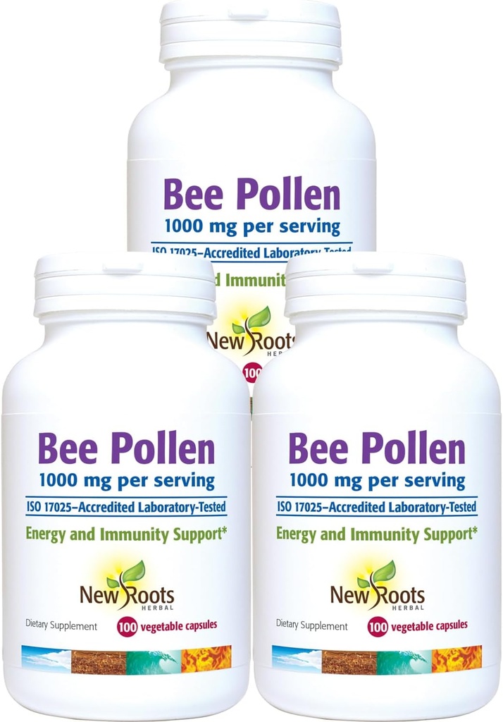 NEW ROOTS HERBAL Capsules de pollen de l'abeille 1000mg.Tous les suppléments naturels de pollen de l'abeille (100 Nombre x 3) Riche en minéraux, vitamines et acides aminés essentiels pour le soutien antioxydant et la vitalité de l'abeille
