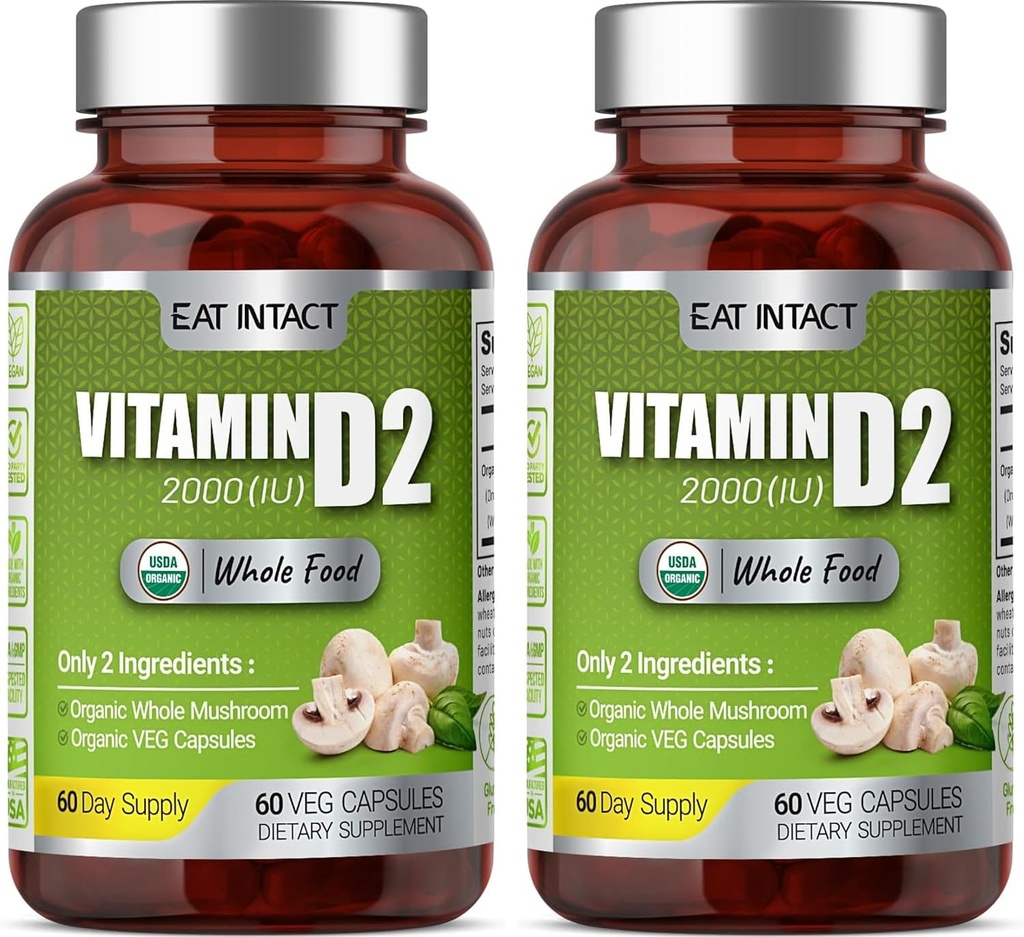 Vitamine D2 (2 paquets), 2000 UI (50 mcg), deux ingrédients (Gélule végétalien biologique de champignons entiers organiques), non OGM, 120 jours d'approvisionnement