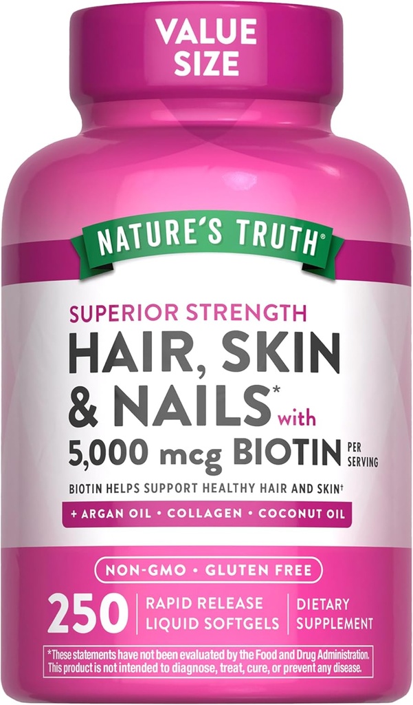 Nature vérité cheveux, peau et ongles vitamines $ 5000mcg $ 250 Softgels $ Comprend collagène, biotine et huile de coco $ Supplément sans OGM et sans gluten pour les femmes et les hommes