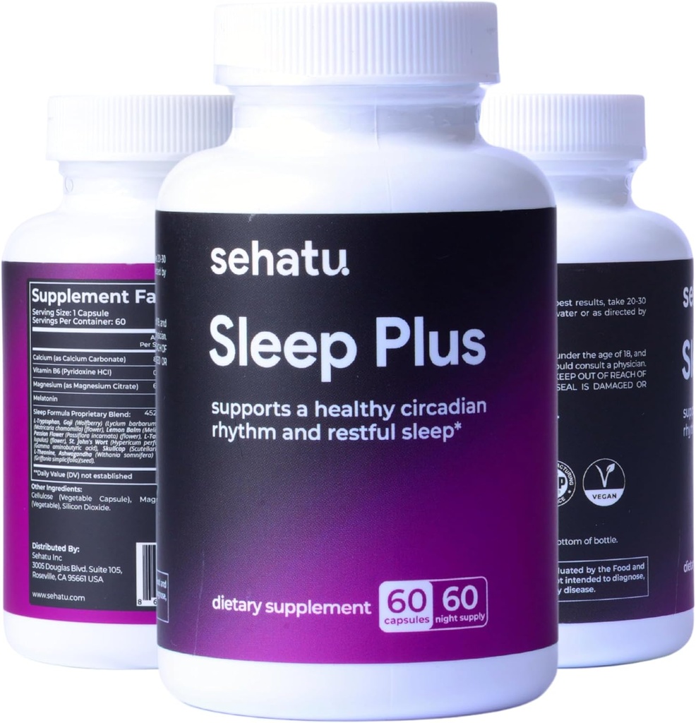 Sleep Plus Supplement | with Melatonin, GABA, Ashwagandha, 5-HTP | for Men and Women Seeking a Healthy Sleep-Wake Schedule and A Relaxed Mood | 60 Count | 60 Day Supply