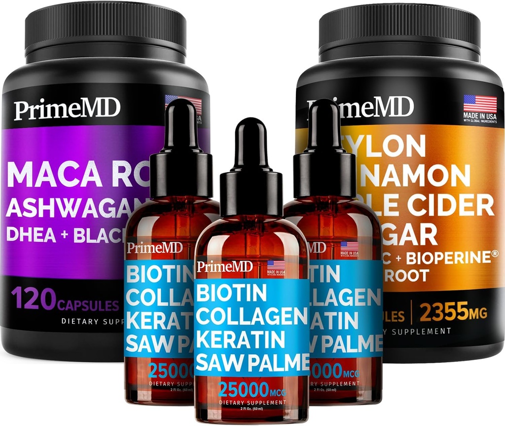 5-en-1 Ceylan Cinnamon (120ct), 4-en-1 Biotine Collagen Keratin Saw Palmetto (2 fl oz - 3 Pack) et 6-en-1 Maca Root Ashwagandha (120ct) Bundle - Énergie, humeur, cheveux, peau et crème de soutien