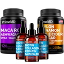5-en-1 Ceylan Cinnamon (120ct), 4-en-1 Biotine Collagen Keratin Saw Palmetto (2 fl oz - 3 Pack) et 6-en-1 Maca Root Ashwagandha (120ct) Bundle - Énergie, humeur, cheveux, peau et crème de soutien