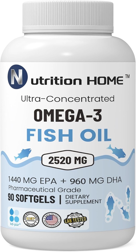 Triple Strength Omega 3 Fish Oil 3000 mg EPA & DHA, 2520mg of Omega 3 Fatty Acids 1440mg EPA + 960mg DHA Best Essential Fatty Acids Premium Burpless Softgel Supplements (90)